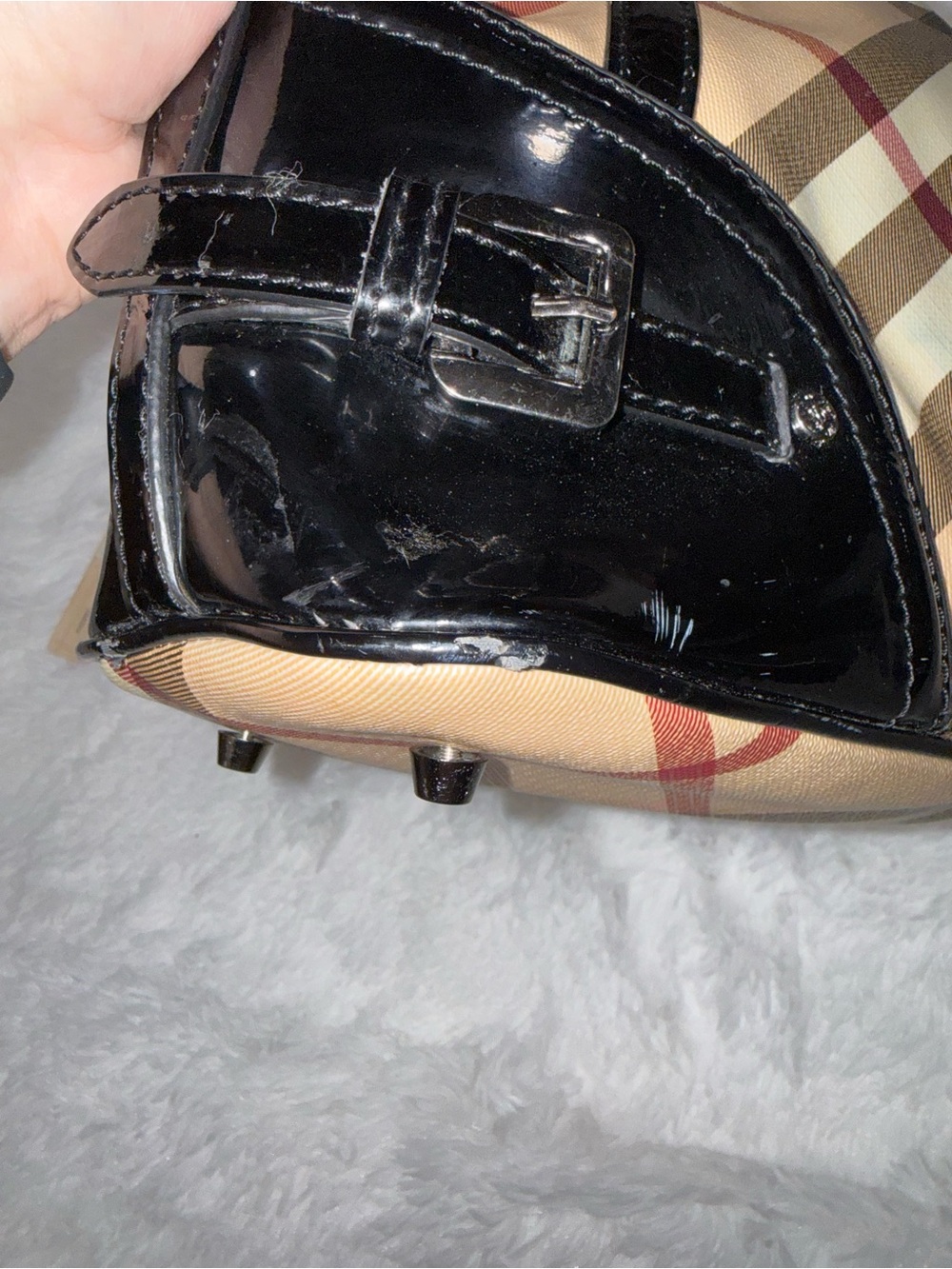 Burberry Beige Plaid Satchel with Black Patent Trim - Picture 10 of 16